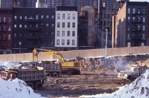 E. 95th St. between 2nd and 3rd Ave., NYC, Feb. 1985. Preparing the lot for Normandie Court.    